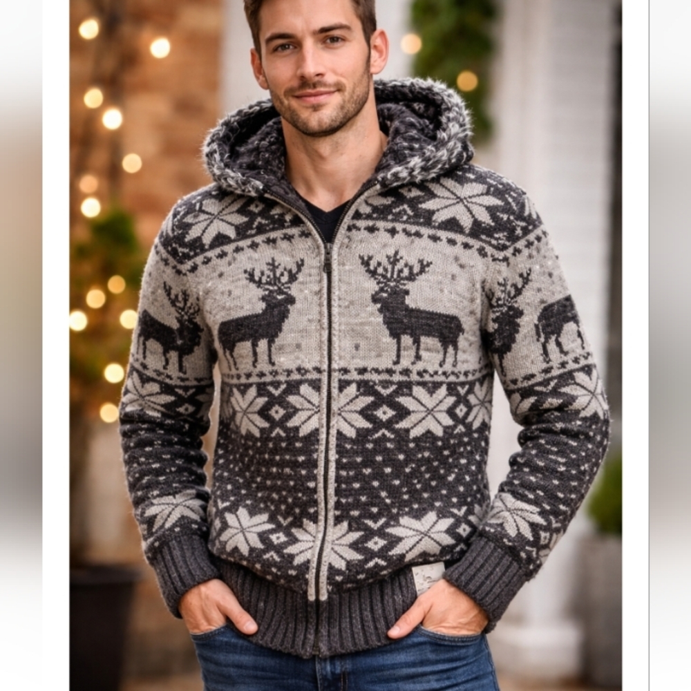 MERLY Gray Hooded Deer Sweater | Wool Blend Zip-Up | Unisex S/M